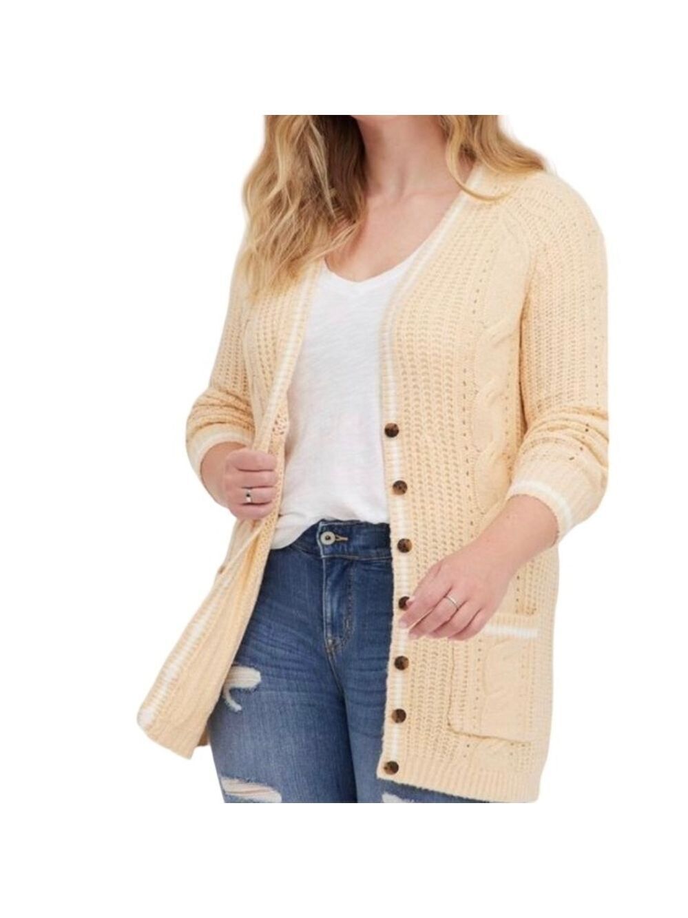 Torrid Cable Knit Cardigan Sweater Beige Sz 00 M/L Long Sleeve V Neck Academia